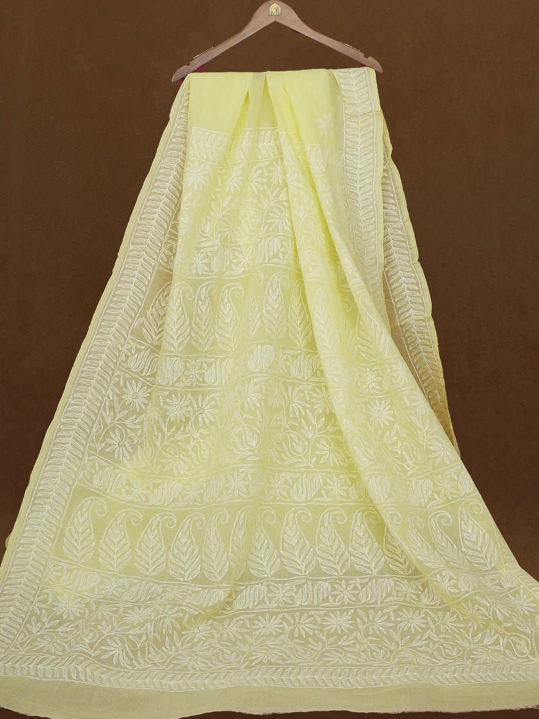 Ada Hand Embroidered Lemon Yellow Cotton Lucknowi Chikankari Saree With Blouse 01A551336