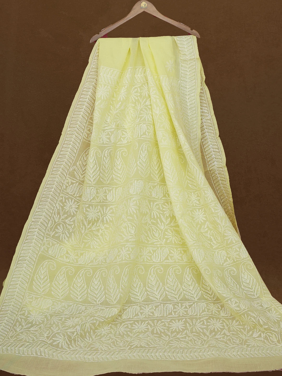 Ada Hand Embroidered Lemon Yellow Cotton Lucknowi Chikankari Saree With Blouse 01A551336
