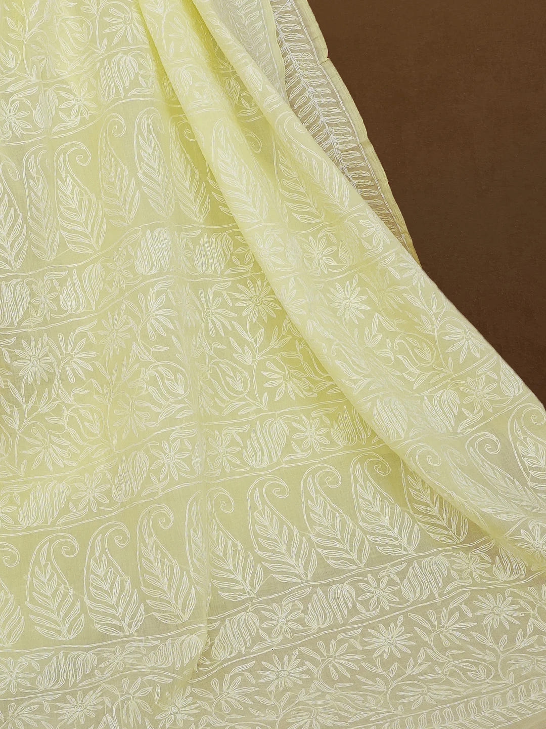 Ada Hand Embroidered Lemon Yellow Cotton Lucknowi Chikankari Saree With Blouse 01A551336