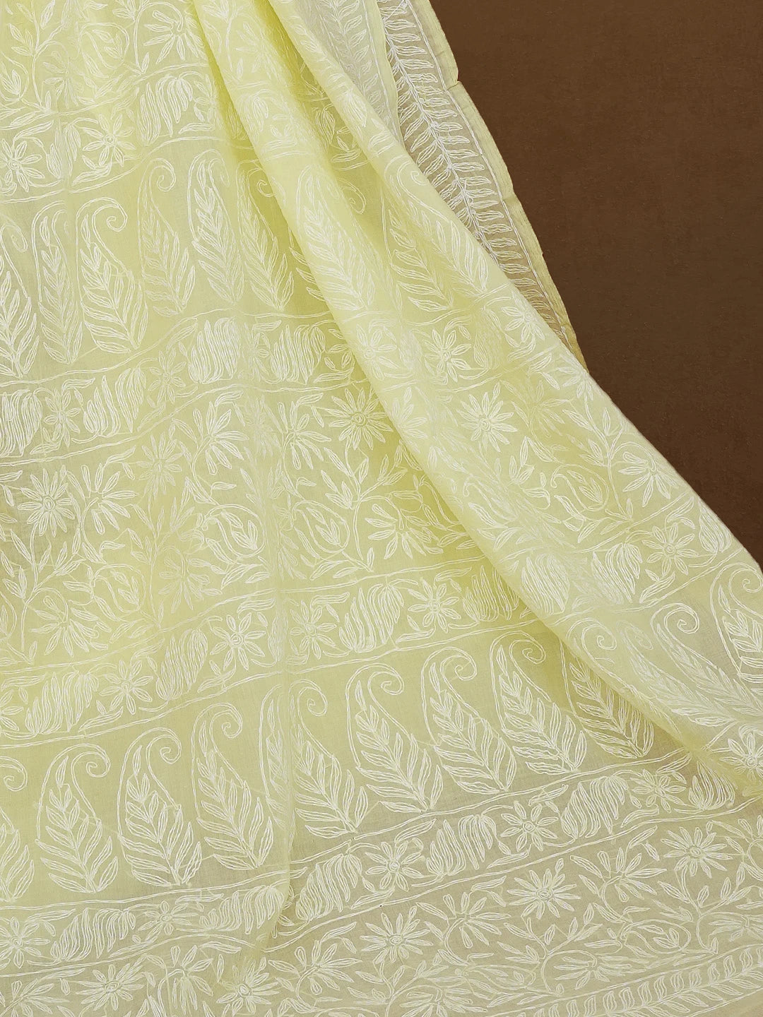 Ada Hand Embroidered Lemon Yellow Cotton Lucknowi Chikankari Saree With Blouse 01A551336