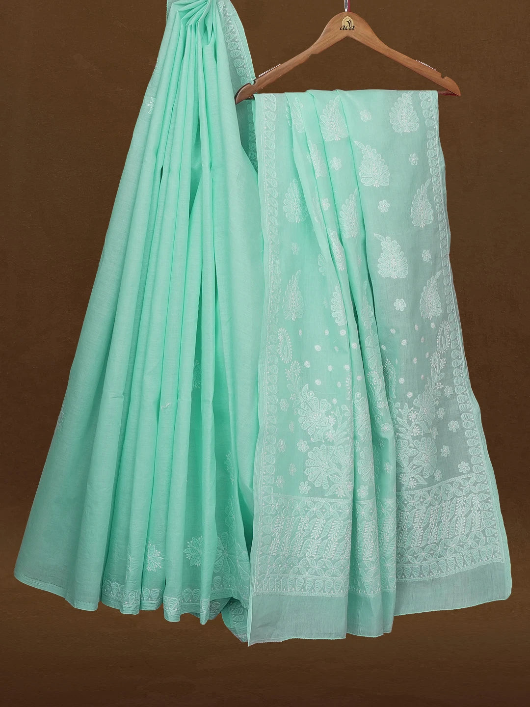Ada Hand Embroidered Sea Green Cotton Lucknowi Chikankari Saree and Blouse 01A565094