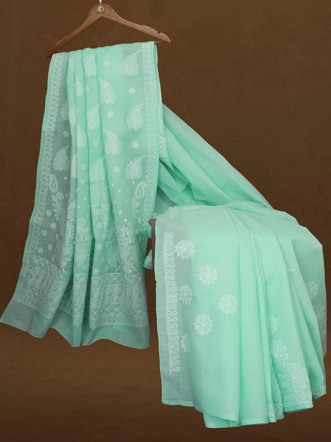 Ada Hand Embroidered Sea Green Cotton Lucknowi Chikankari Saree and Blouse 01A565094