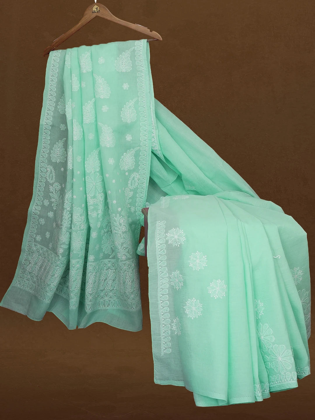 Ada Hand Embroidered Sea Green Cotton Lucknowi Chikankari Saree and Blouse 01A565094