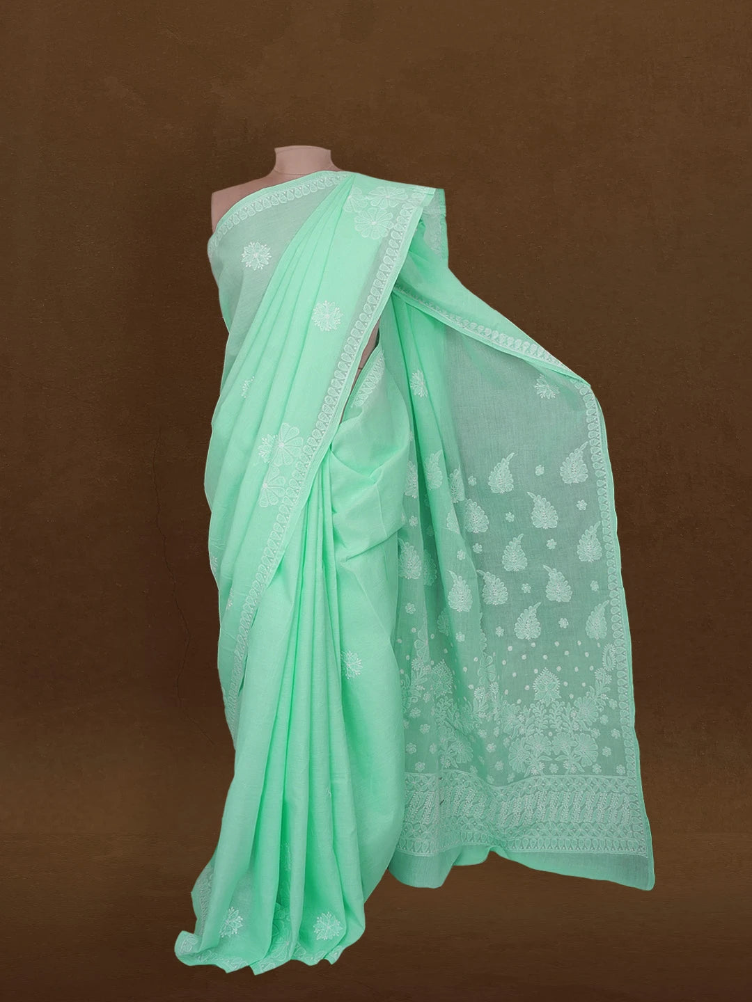 Ada Hand Embroidered Sea Green Cotton Lucknowi Chikankari Saree and Blouse 01A565094