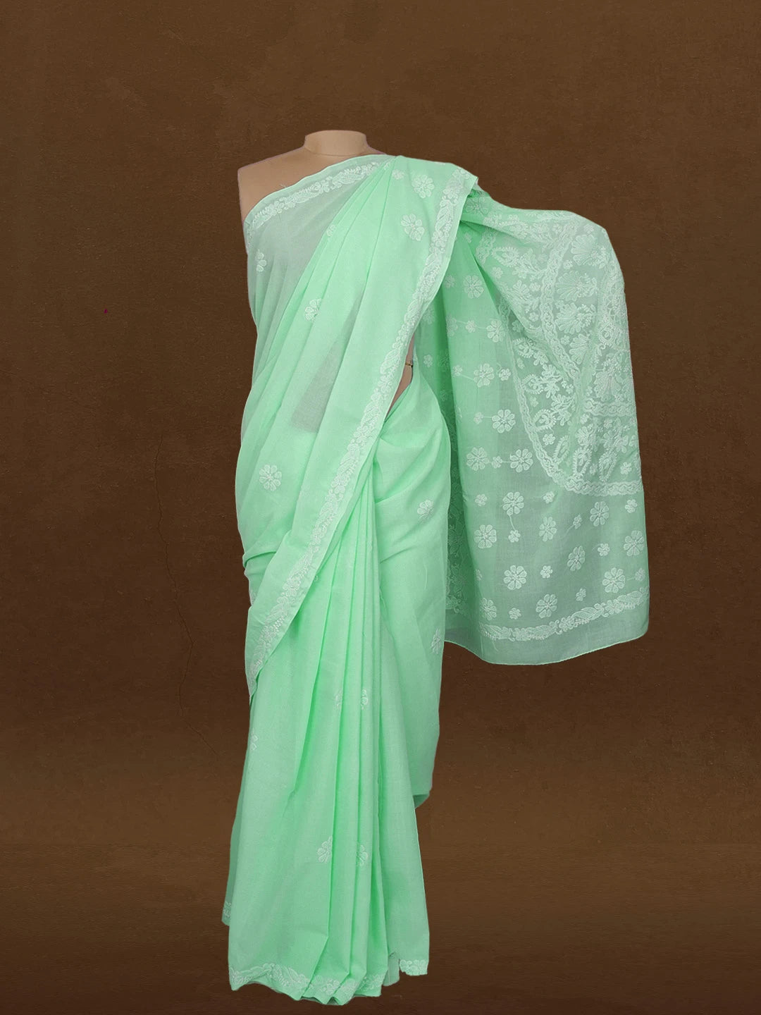 Ada Hand Embroidered Sea Green Cotton Lucknowi Chikankari Saree and Blouse 01A580301
