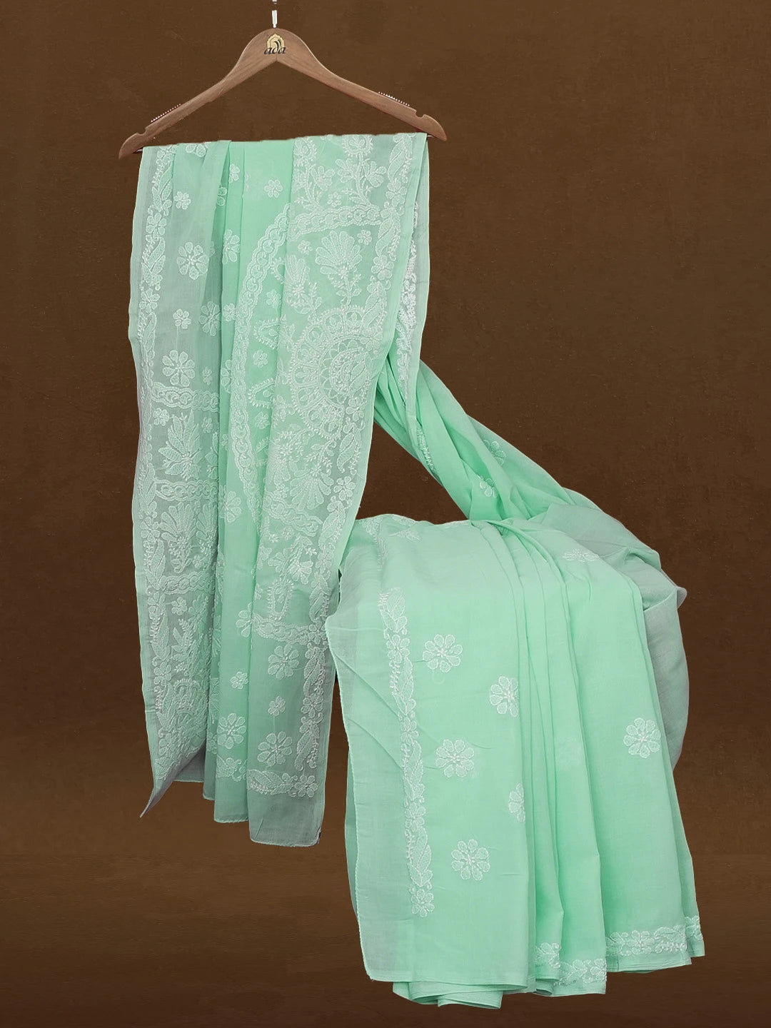 Ada Hand Embroidered Sea Green Cotton Lucknowi Chikankari Saree and Blouse 01A580301