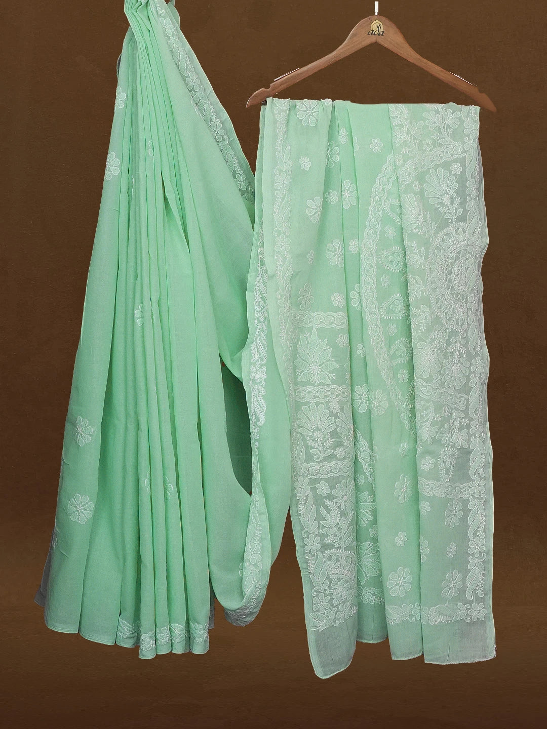 Ada Hand Embroidered Sea Green Cotton Lucknowi Chikankari Saree and Blouse 01A580301