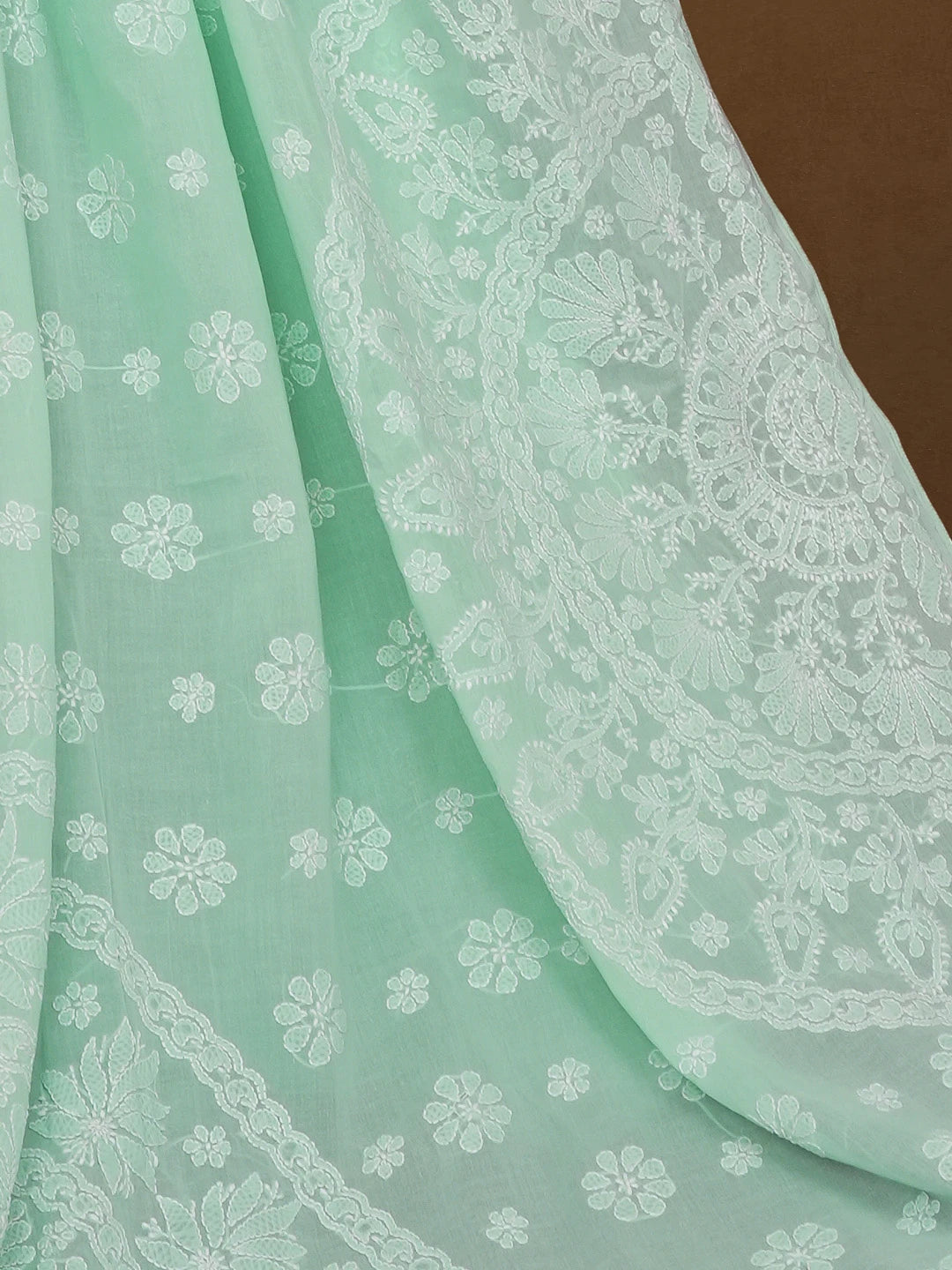 Ada Hand Embroidered Sea Green Cotton Lucknowi Chikankari Saree and Blouse 01A580301