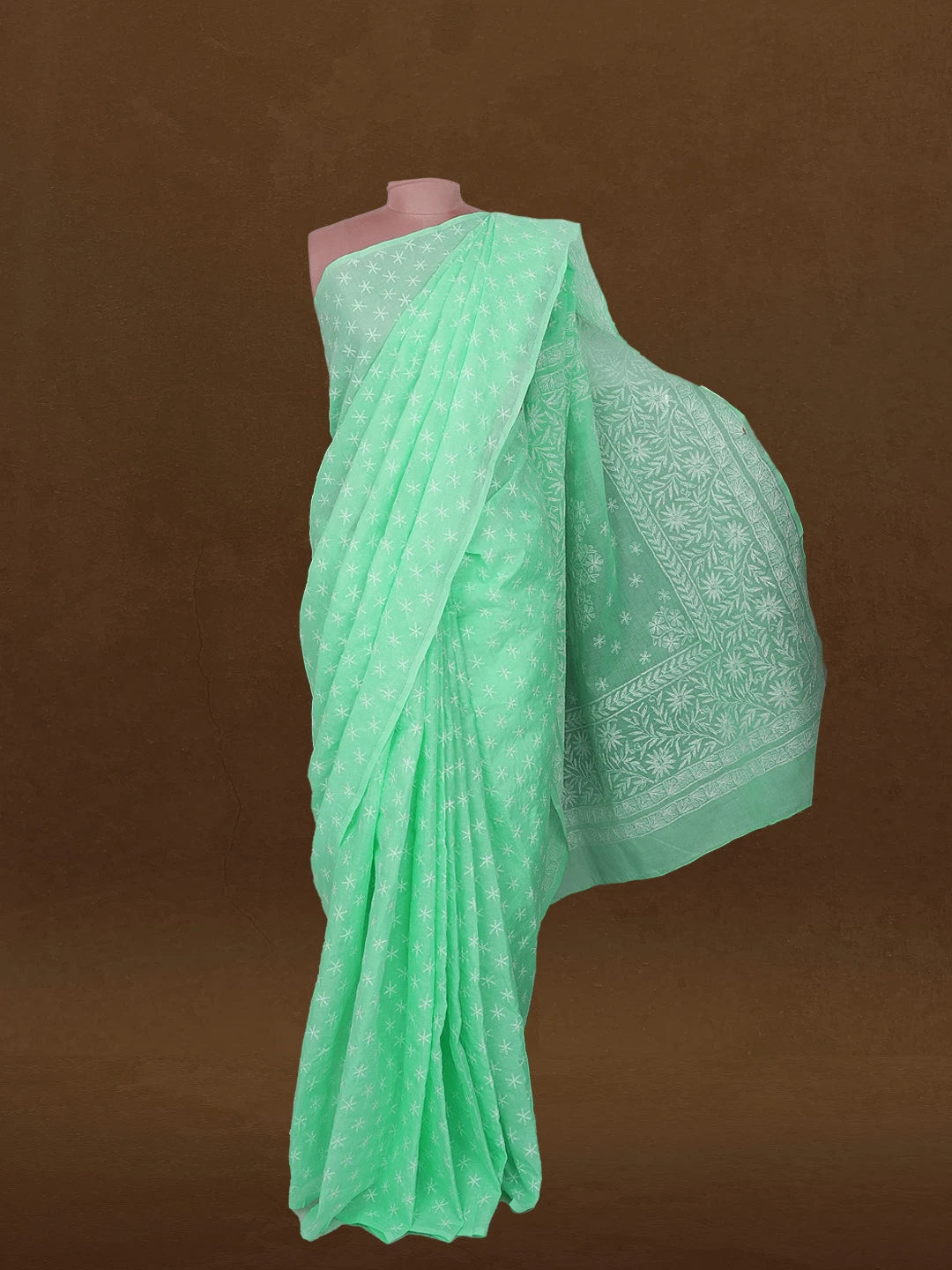 Ada Hand Embroidered Sea Green Cotton Lucknowi Chikankari Saree With Blouse 01A585868