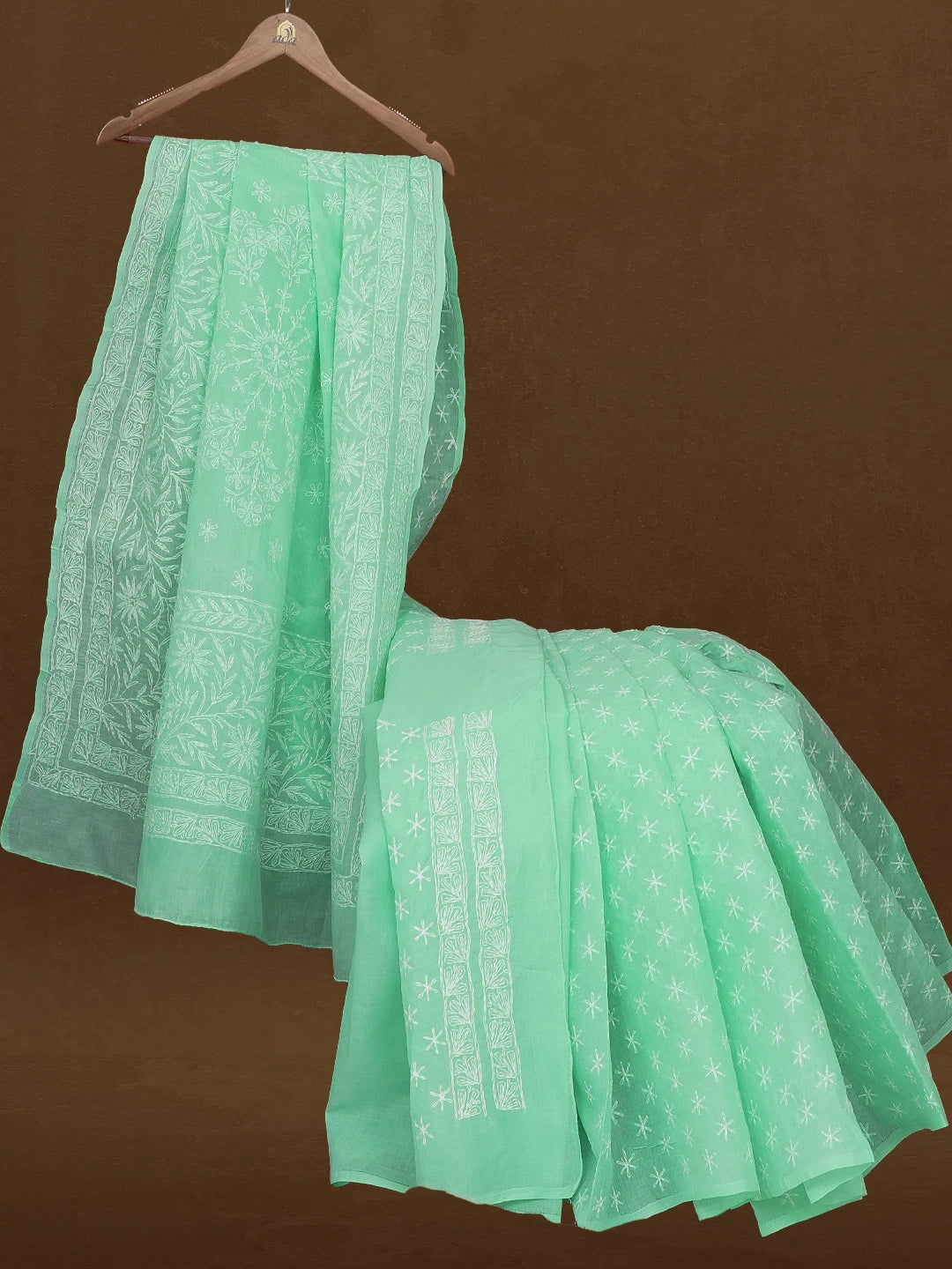 Ada Hand Embroidered Sea Green Cotton Lucknowi Chikankari Saree With Blouse 01A585868