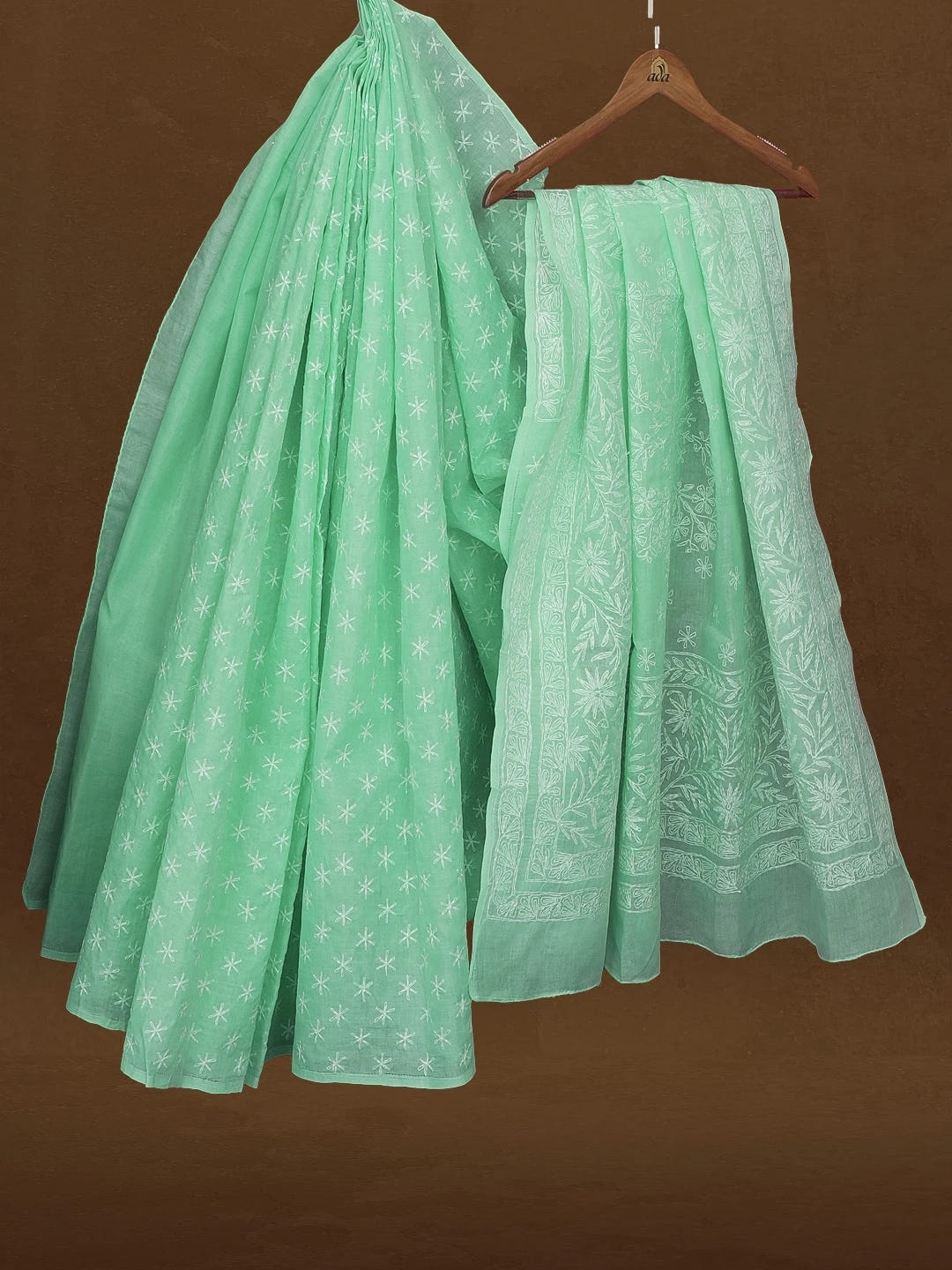 Ada Hand Embroidered Sea Green Cotton Lucknowi Chikankari Saree With Blouse 01A585868