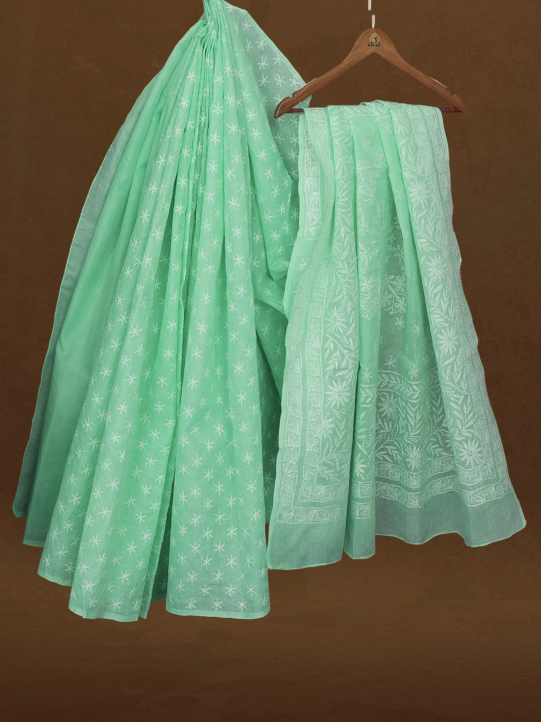 Ada Hand Embroidered Sea Green Cotton Lucknowi Chikankari Saree With Blouse 01A585868