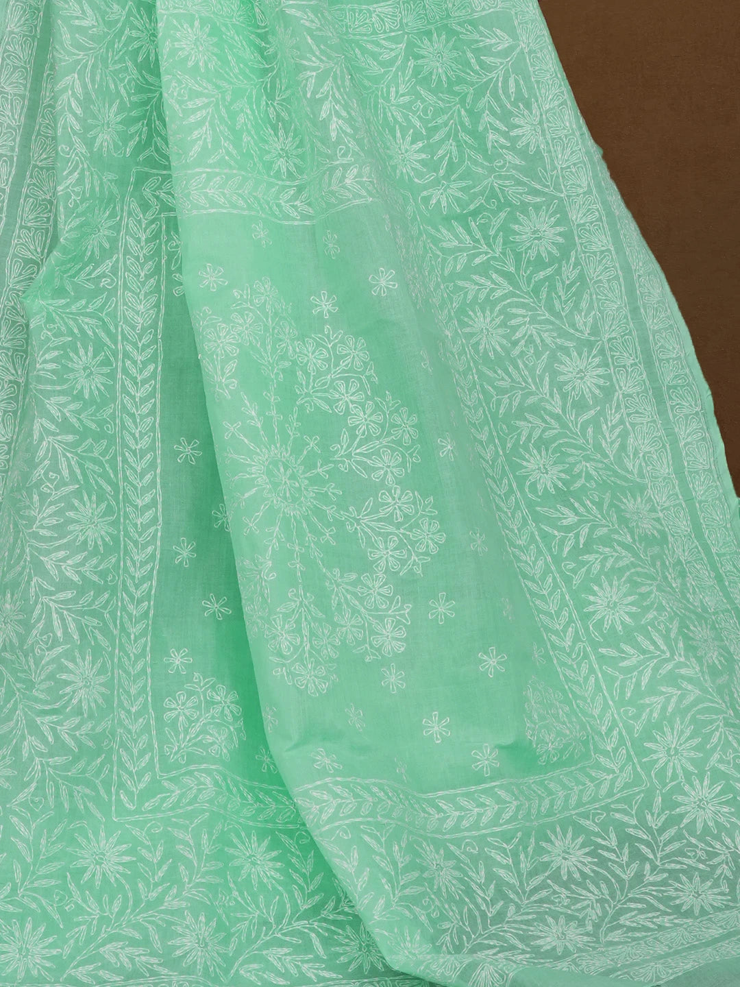 Ada Hand Embroidered Sea Green Cotton Lucknowi Chikankari Saree With Blouse 01A585868