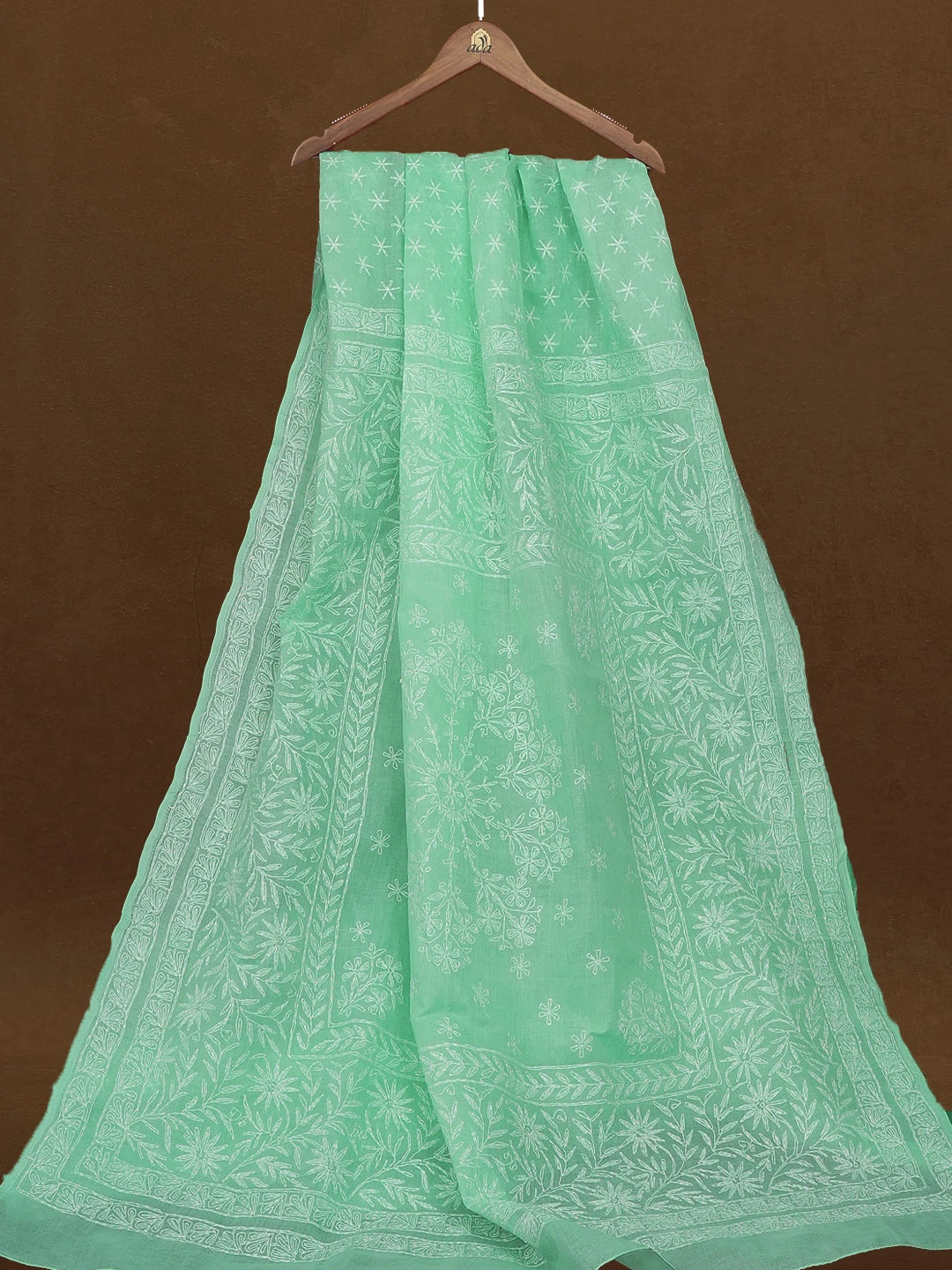 Ada Hand Embroidered Sea Green Cotton Lucknowi Chikankari Saree With Blouse 01A585868