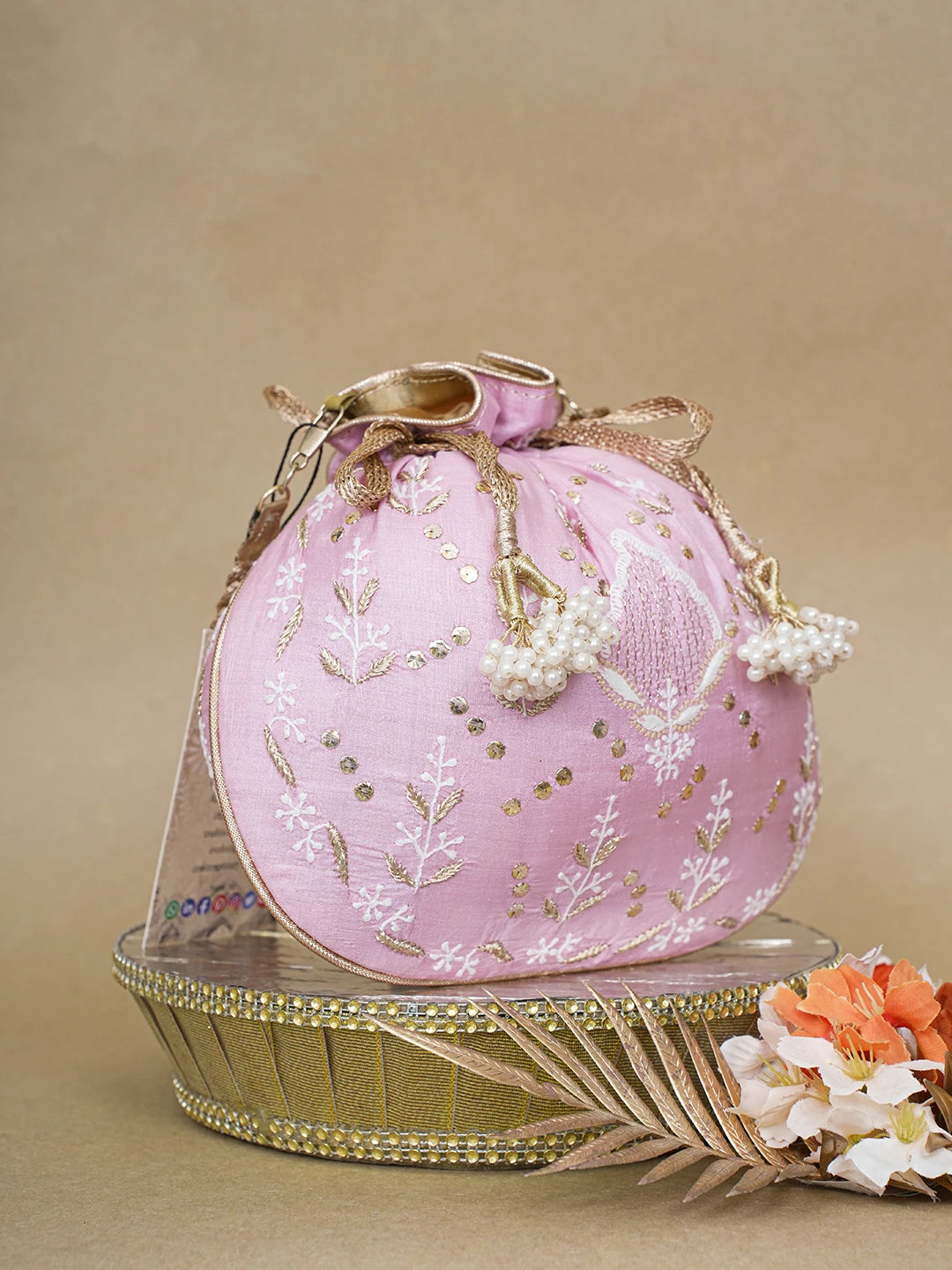 Ada Hand Embroidered Pink Silk Lucknowi Chikankari Potli Bag With Zari Work 01A618152