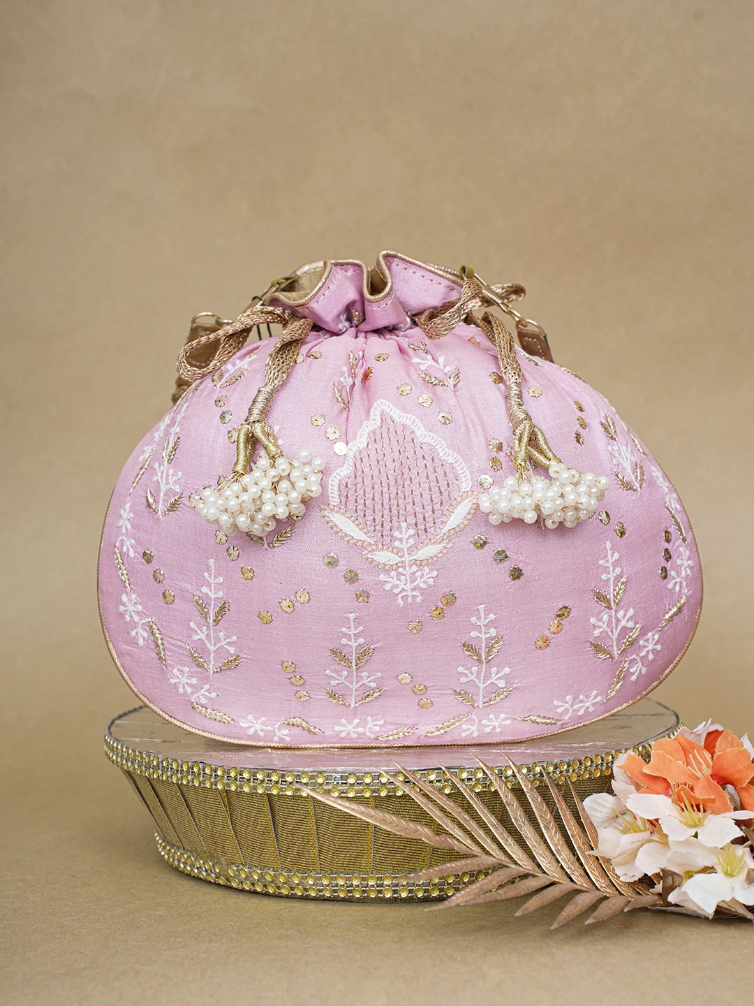 Ada Hand Embroidered Pink Silk Lucknowi Chikankari Potli Bag With Zari Work 01A618152