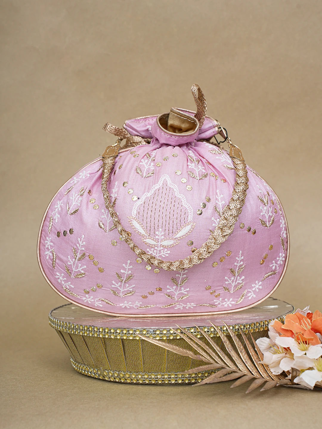 Ada Hand Embroidered Pink Silk Lucknowi Chikankari Potli Bag With Zari Work 01A618152