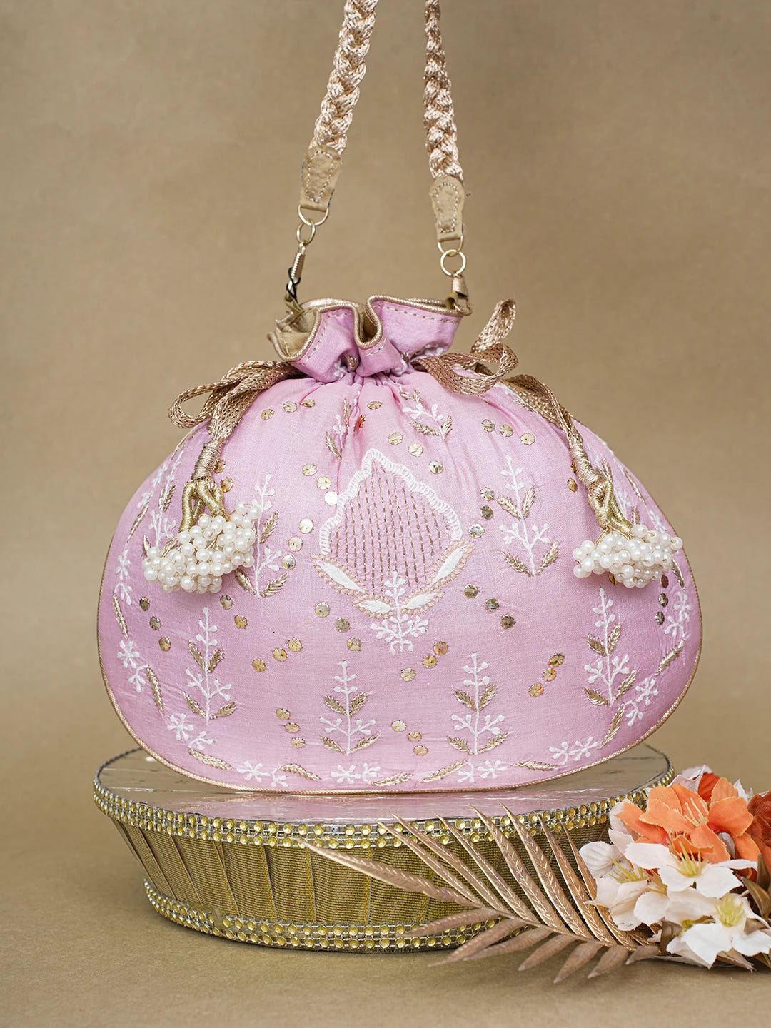 Ada Hand Embroidered Pink Silk Lucknowi Chikankari Potli Bag With Zari Work 01A618152