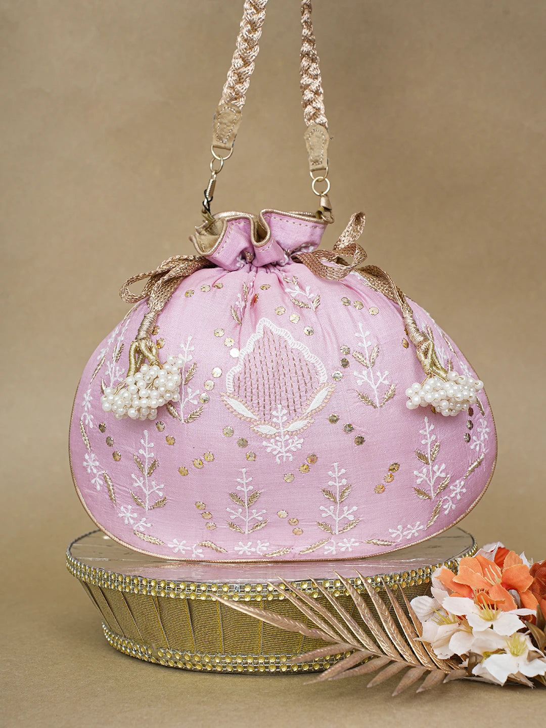 Ada Hand Embroidered Pink Silk Lucknowi Chikankari Potli Bag With Zari Work 01A618152