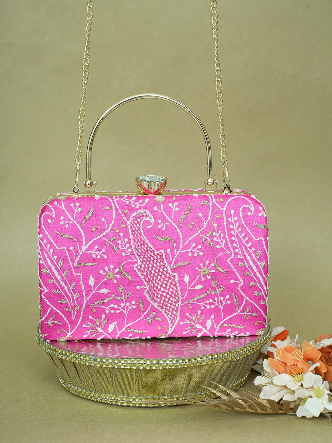 Ada Hand Embroidered Magenta Silk Lucknowi Chikankari Clutch With Zari Work 01A619154