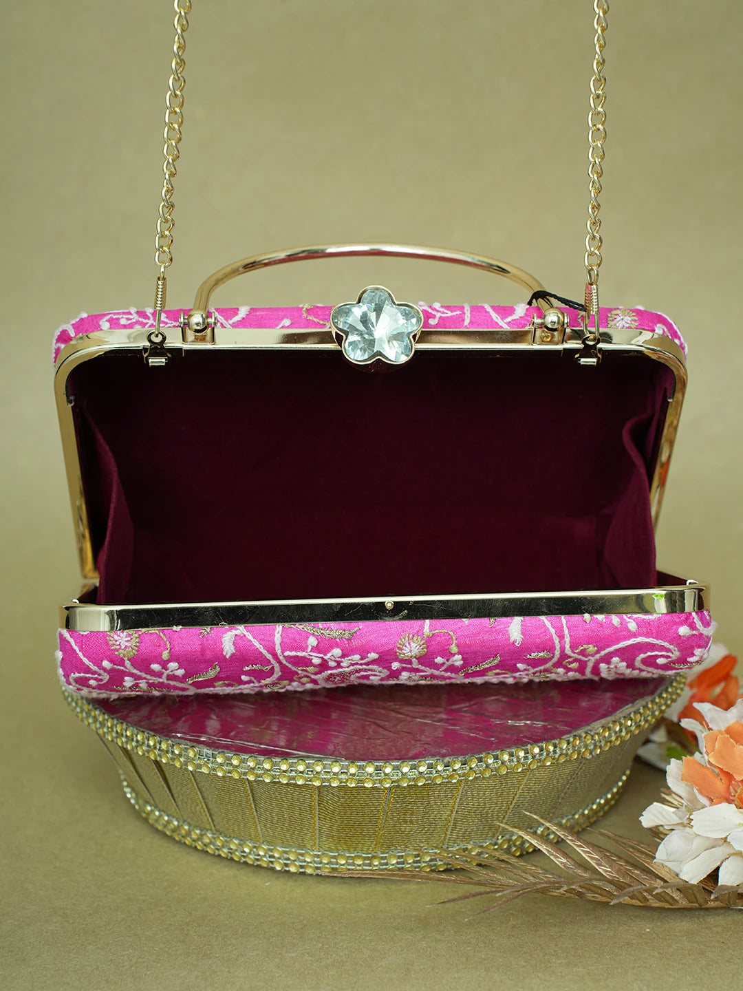 Ada Hand Embroidered Magenta Silk Lucknowi Chikankari Clutch With Zari Work 01A619154