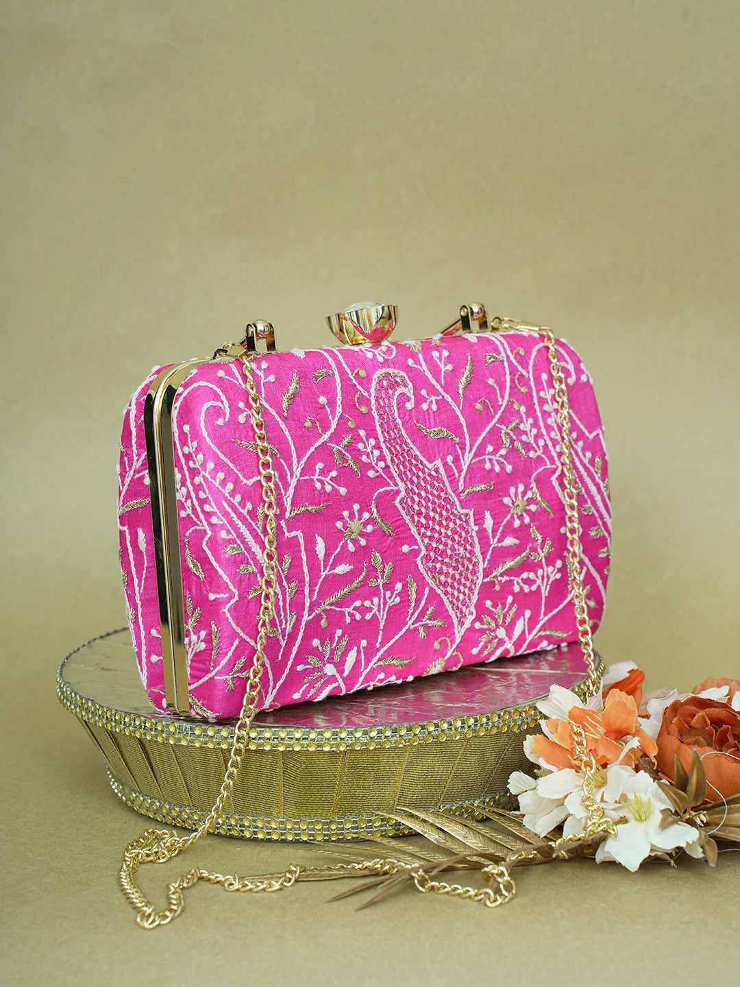 Ada Hand Embroidered Magenta Silk Lucknowi Chikankari Clutch With Zari Work 01A619154