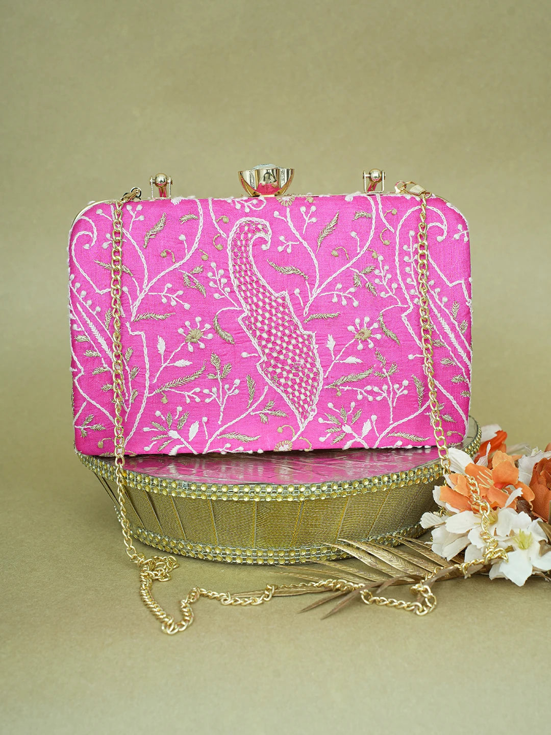 Ada Hand Embroidered Magenta Silk Lucknowi Chikankari Clutch With Zari Work 01A619154