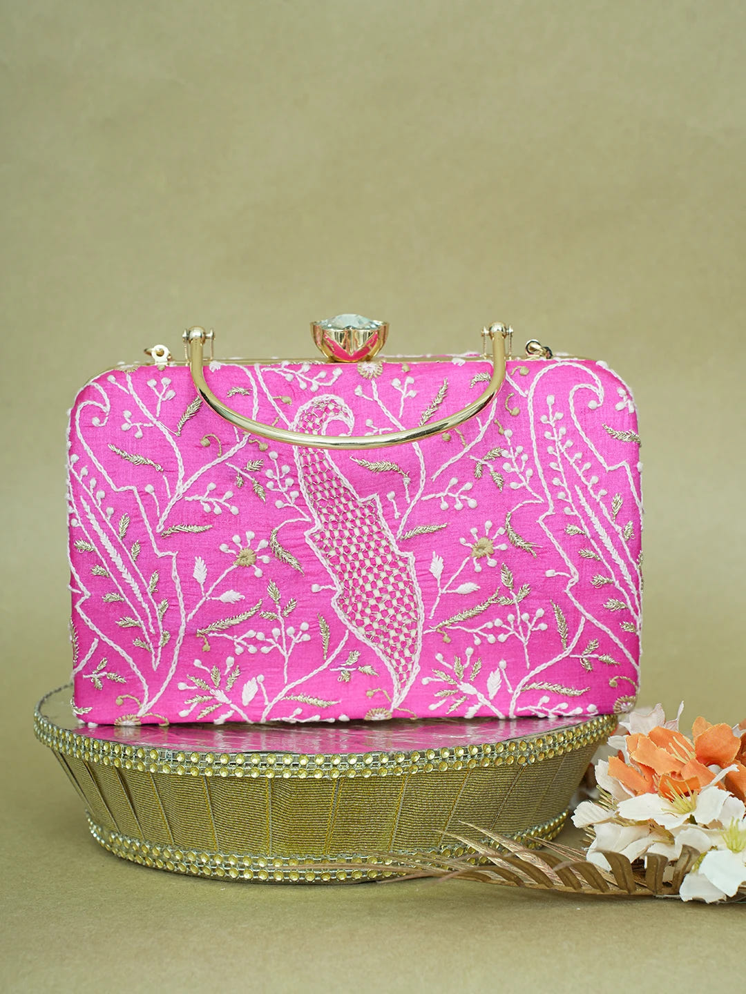 Ada Hand Embroidered Magenta Silk Lucknowi Chikankari Clutch With Zari Work 01A619154