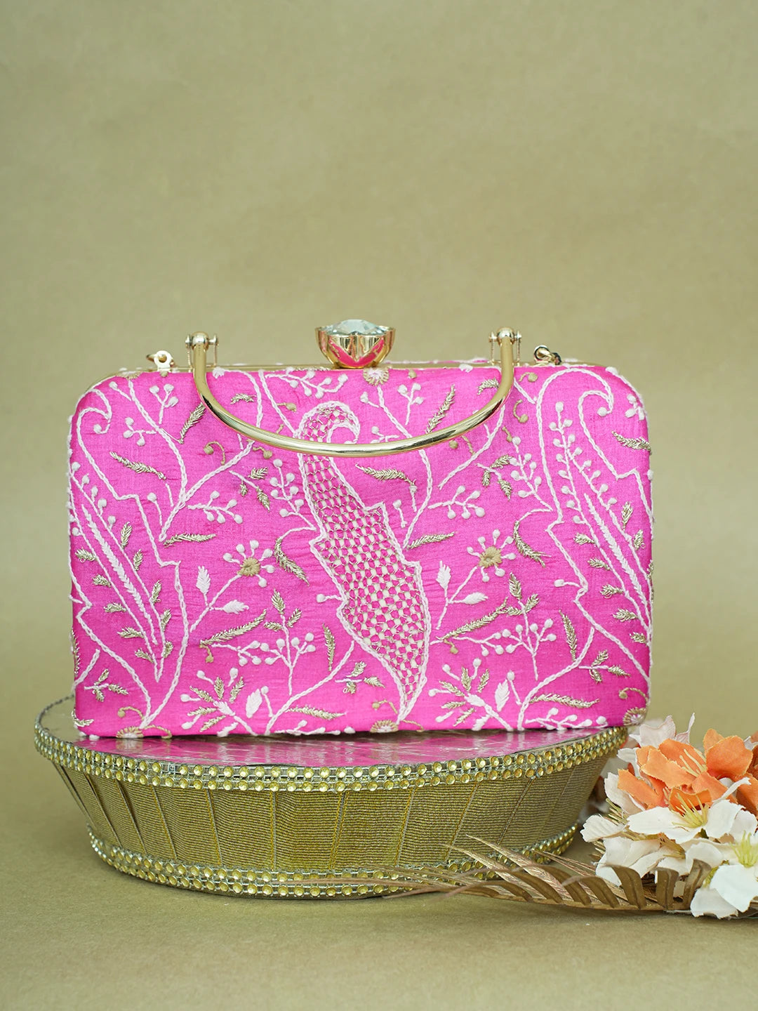 Ada Hand Embroidered Magenta Silk Lucknowi Chikankari Clutch With Zari Work 01A619154