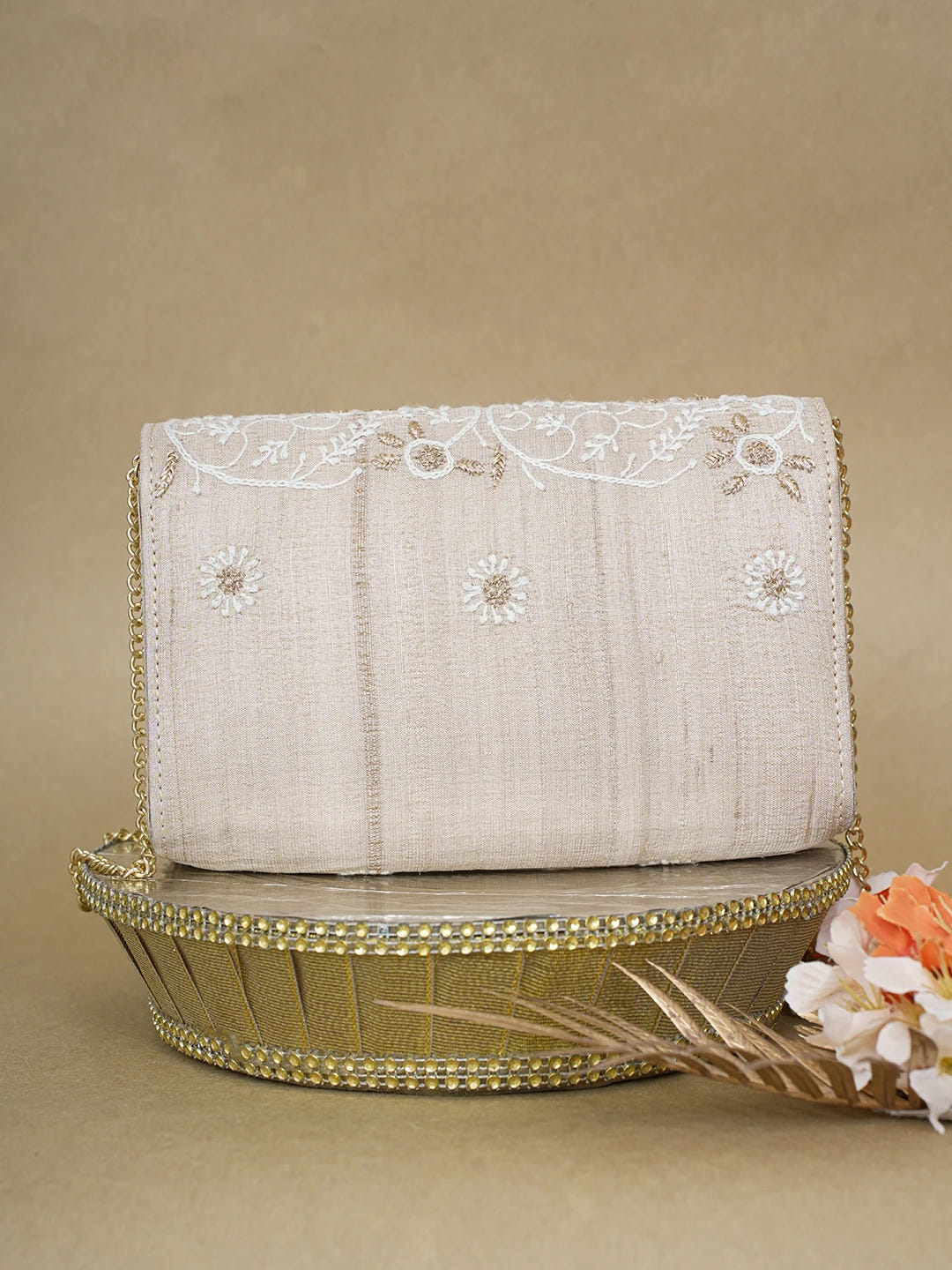 Ada Hand Embroidered Fawn Silk Lucknowi Chikankari Clutch With Zari Work 01A619394