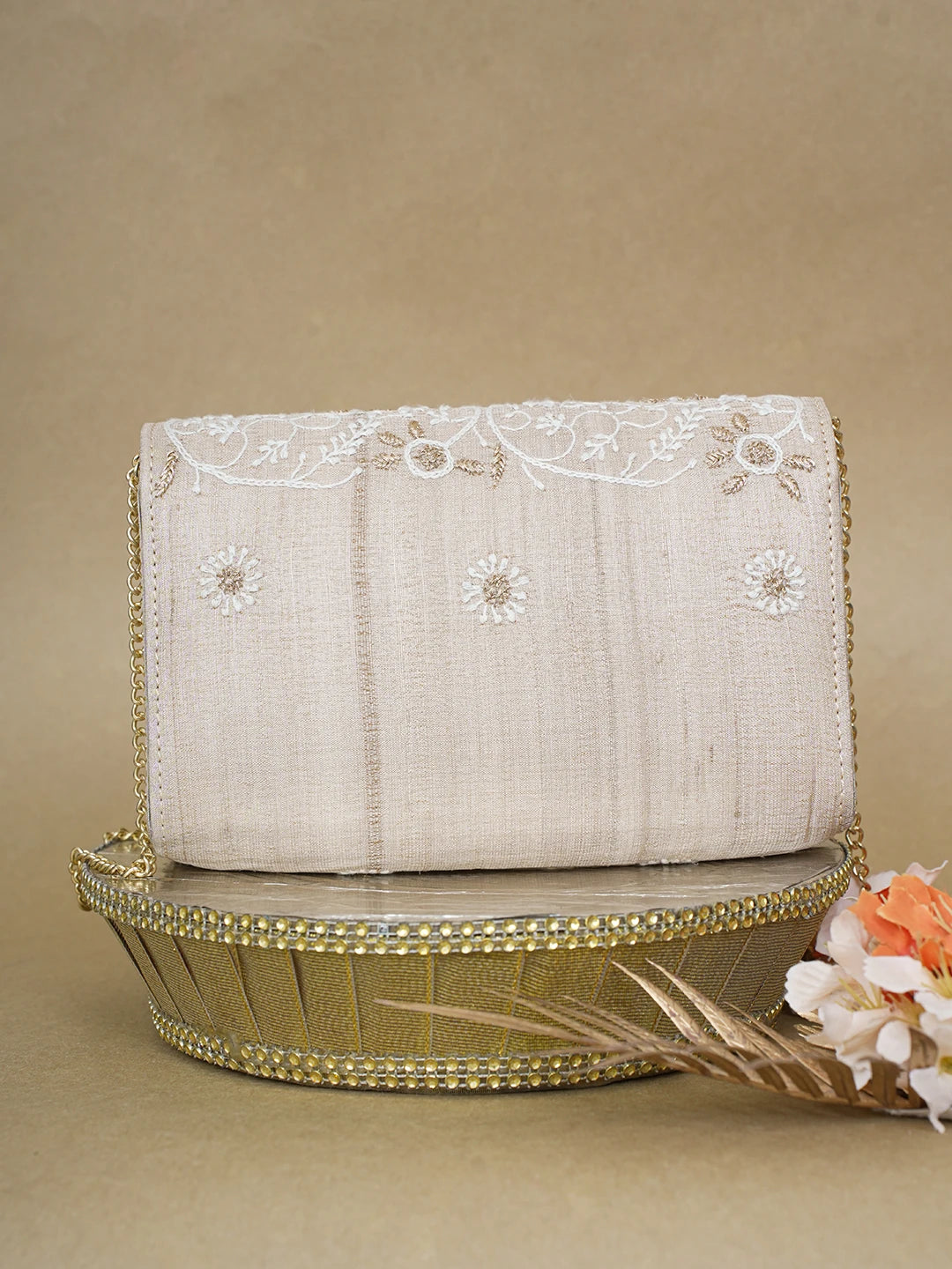 Ada Hand Embroidered Fawn Silk Lucknowi Chikankari Clutch With Zari Work 01A619394