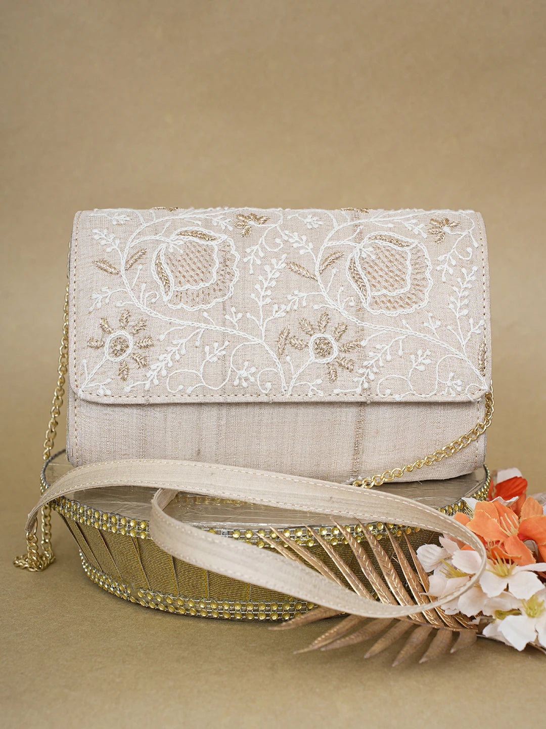 Ada Hand Embroidered Fawn Silk Lucknowi Chikankari Clutch With Zari Work 01A619394