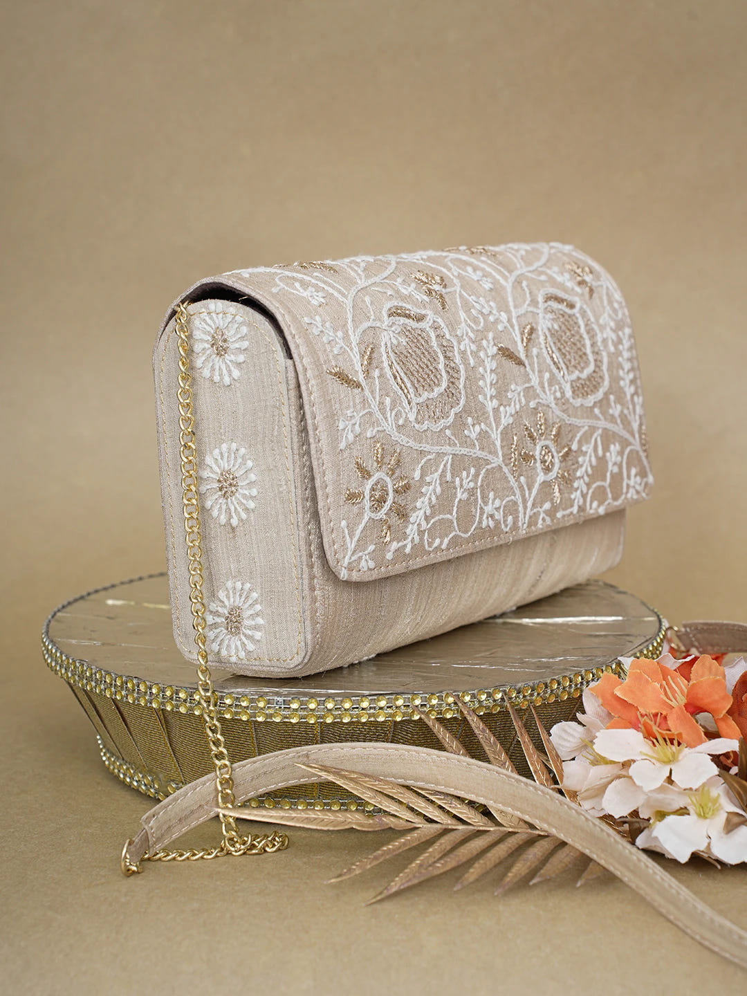 Ada Hand Embroidered Fawn Silk Lucknowi Chikankari Clutch With Zari Work 01A619394