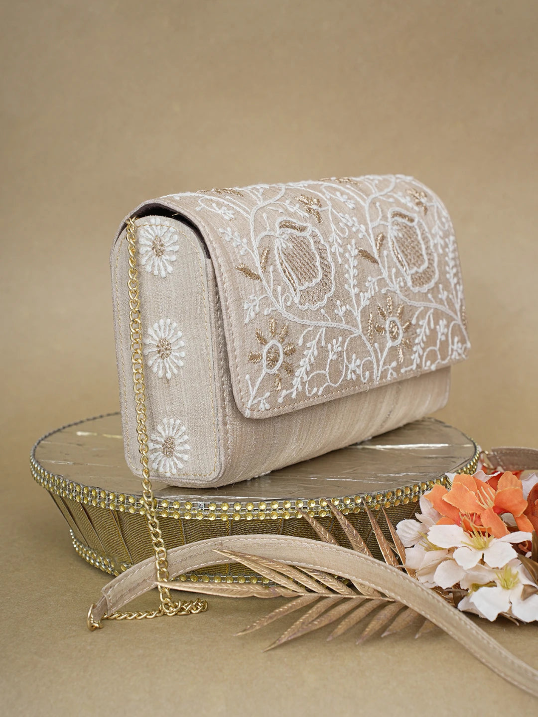 Ada Hand Embroidered Fawn Silk Lucknowi Chikankari Clutch With Zari Work 01A619394