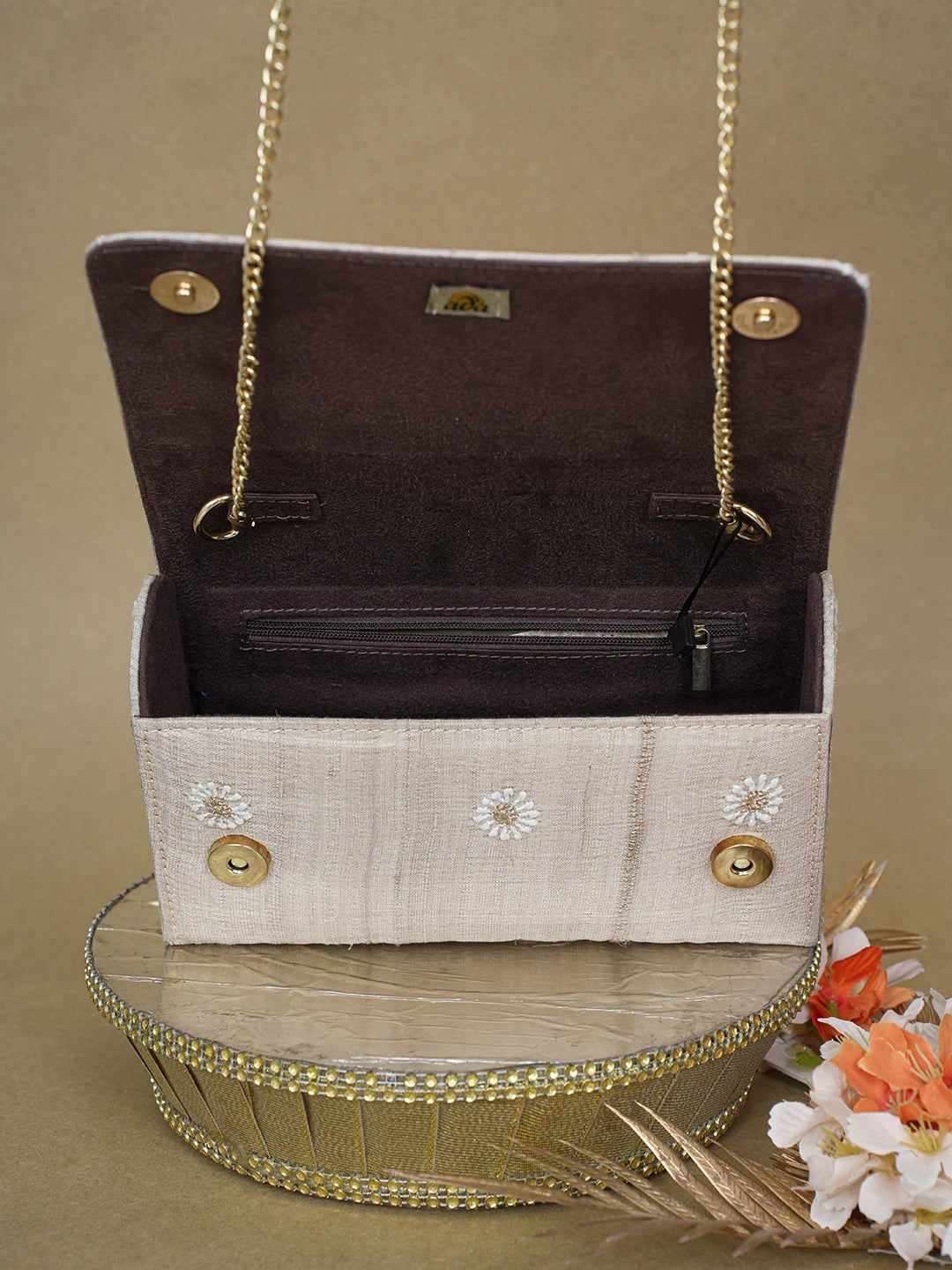 Ada Hand Embroidered Fawn Silk Lucknowi Chikankari Clutch With Zari Work 01A619394