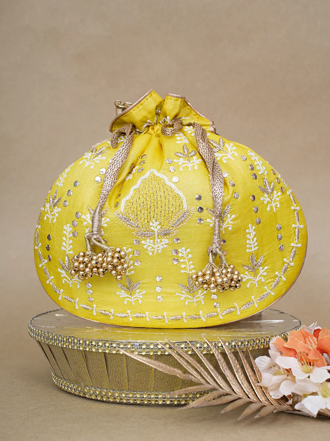 Ada Hand Embroidered Yellow Silk Lucknowi Chikankari Potli Bag With Zari Work 01A618147