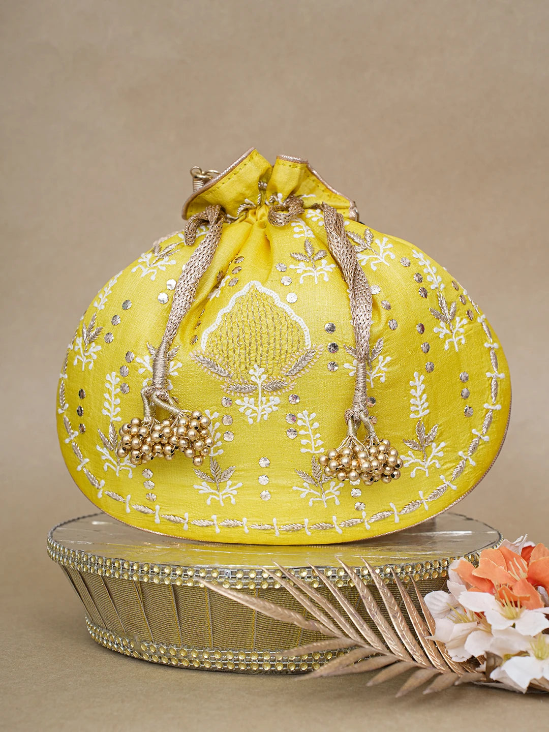 Ada Hand Embroidered Yellow Silk Lucknowi Chikankari Potli Bag With Zari Work 01A618147