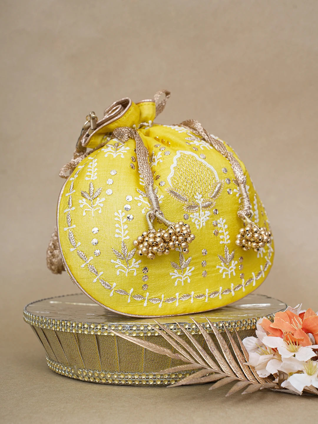 Ada Hand Embroidered Yellow Silk Lucknowi Chikankari Potli Bag With Zari Work 01A618147