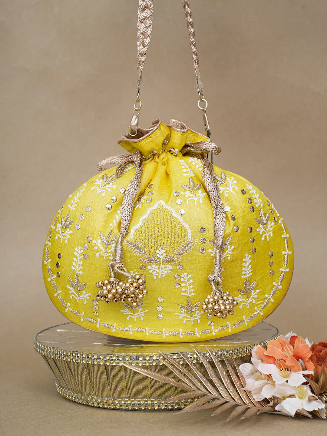 Ada Hand Embroidered Yellow Silk Lucknowi Chikankari Potli Bag With Zari Work 01A618147