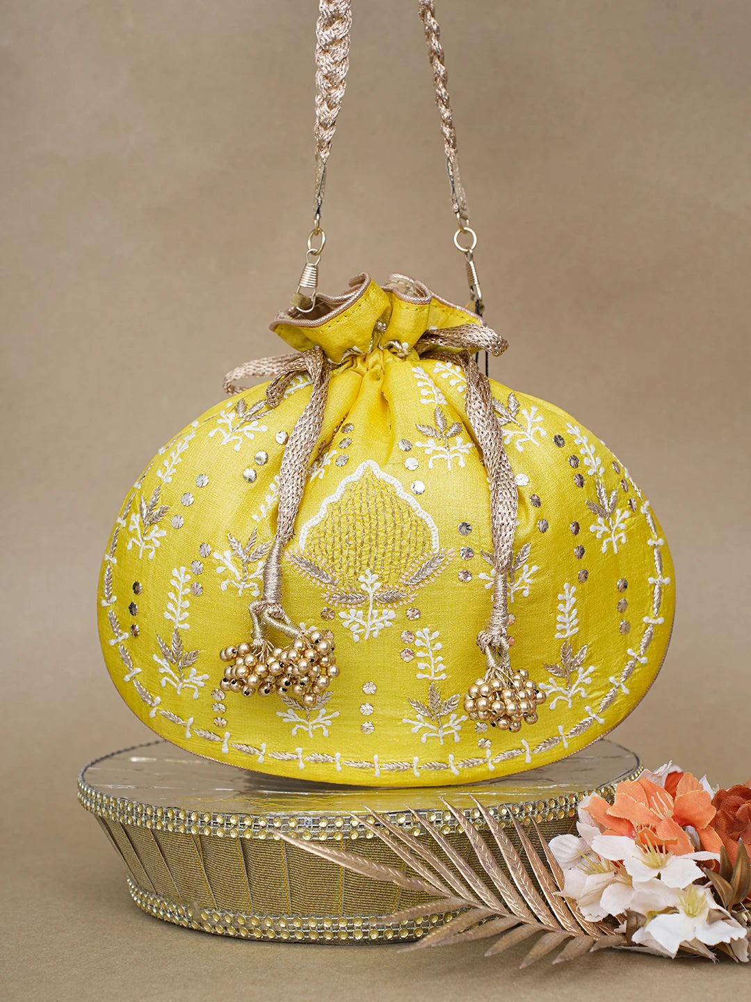Ada Hand Embroidered Yellow Silk Lucknowi Chikankari Potli Bag With Zari Work 01A618147