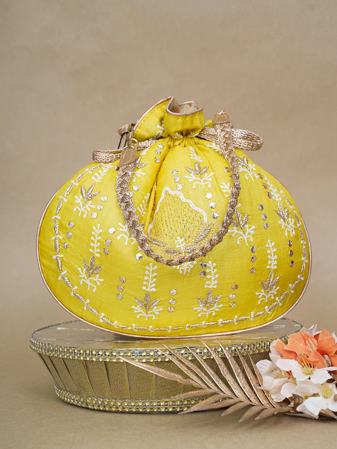 Ada Hand Embroidered Yellow Silk Lucknowi Chikankari Potli Bag With Zari Work 01A618147
