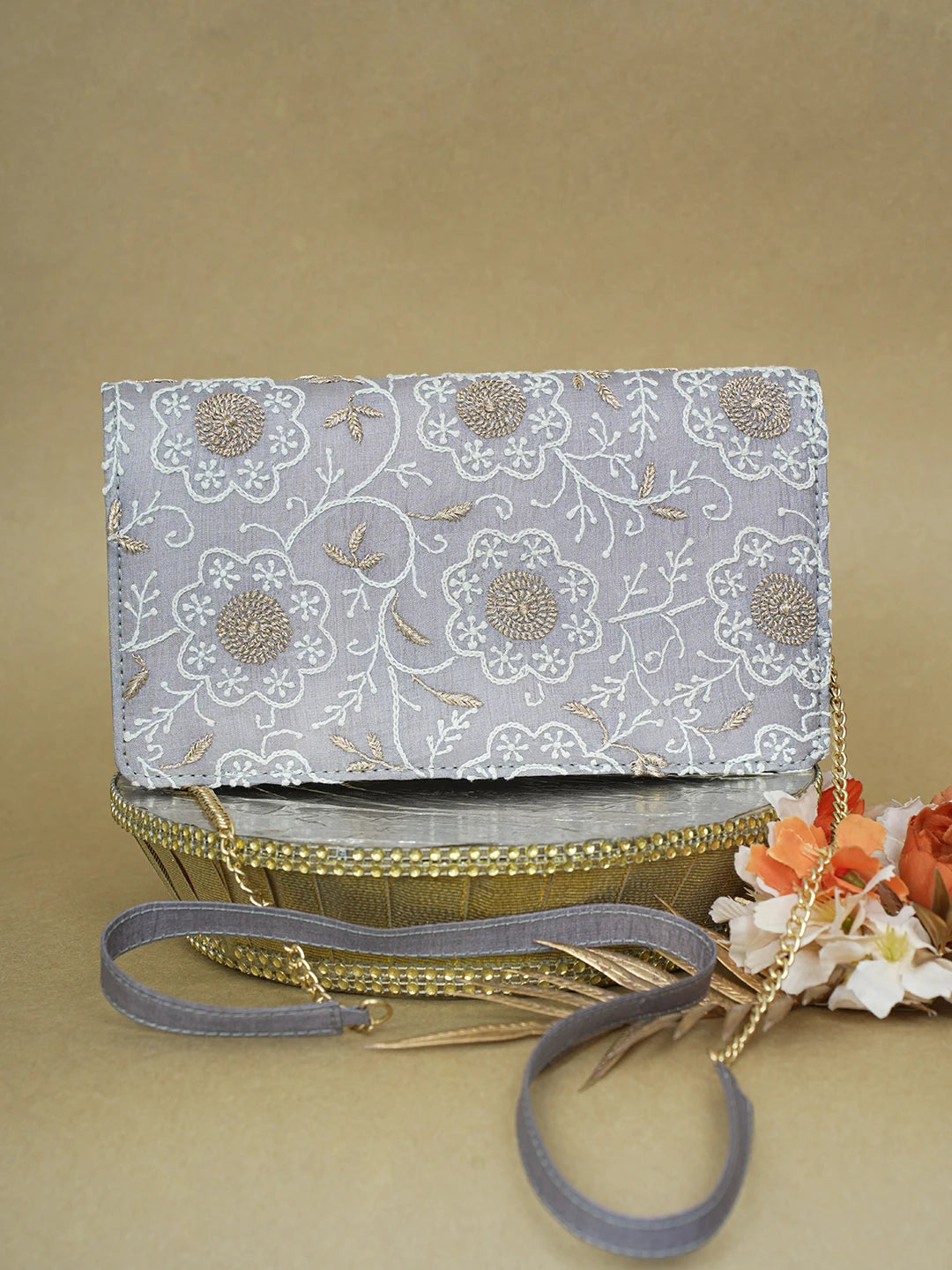 Ada Hand Embroidered Grey Silk Lucknowi Chikankari Clutch With Zari Work 01A617968