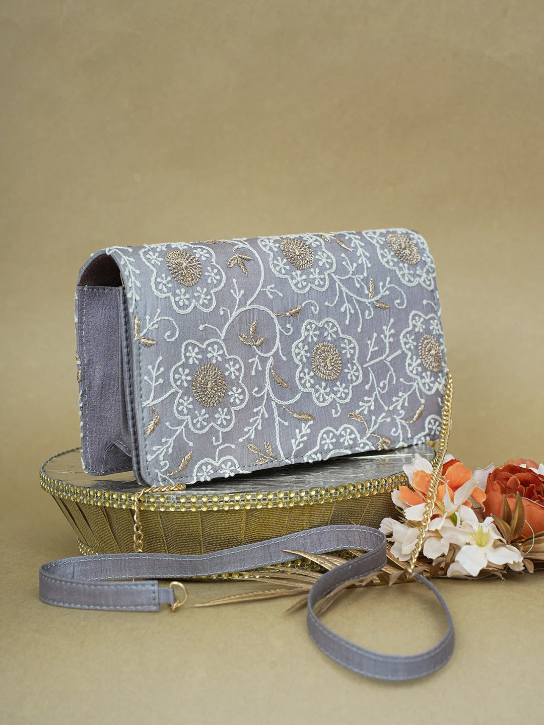 Ada Hand Embroidered Grey Silk Lucknowi Chikankari Clutch With Zari Work 01A617968