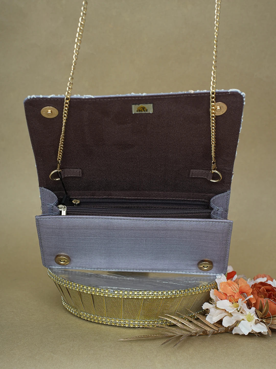 Ada Hand Embroidered Grey Silk Lucknowi Chikankari Clutch With Zari Work 01A617968