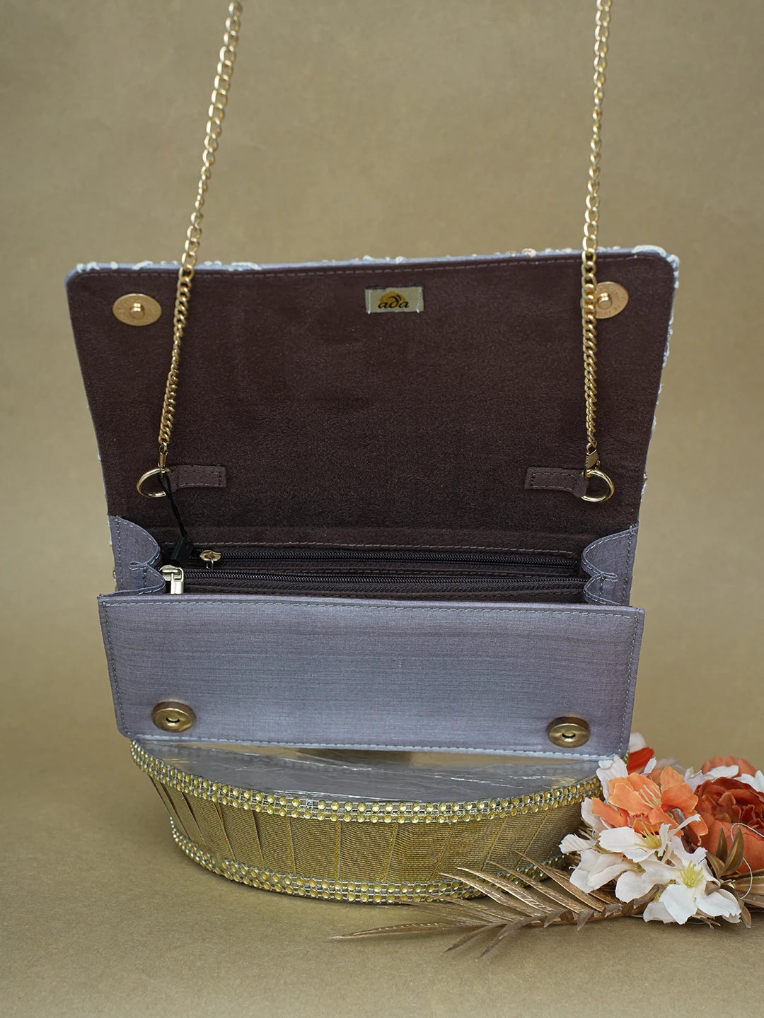 Ada Hand Embroidered Grey Silk Lucknowi Chikankari Clutch With Zari Work 01A617968