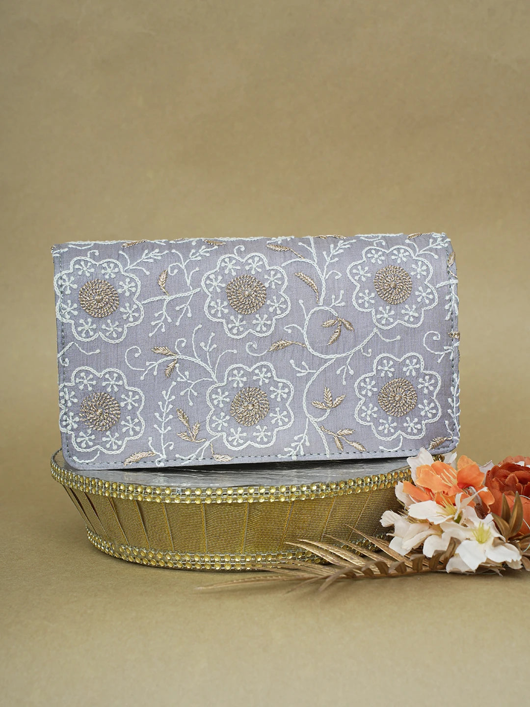 Ada Hand Embroidered Grey Silk Lucknowi Chikankari Clutch With Zari Work 01A617968