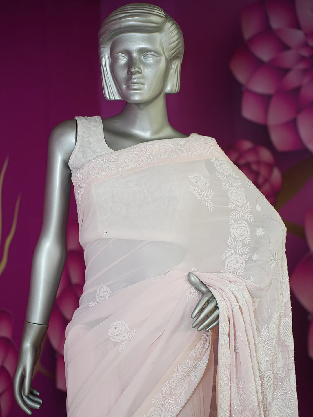 Ada Hand Embroidered Fairy Tale Pink Pure Georgette Lucknowi Chikankari Saree/Blouse With Cutdana Work 01A252342