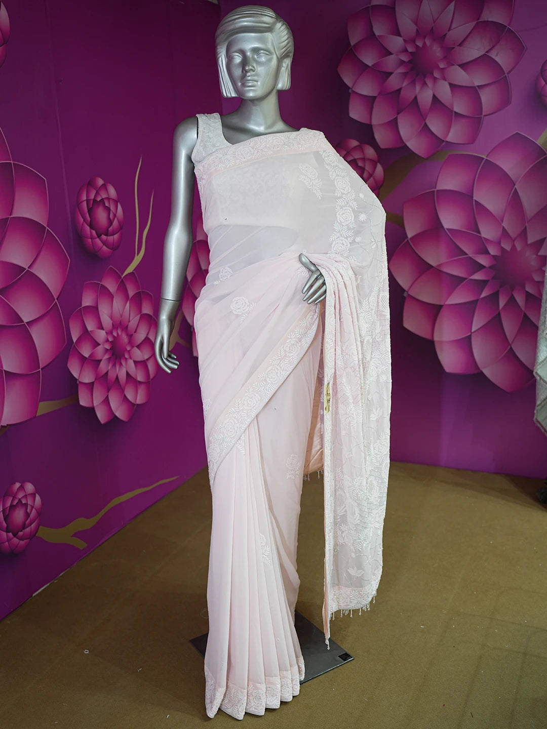 Ada Hand Embroidered Fairy Tale Pink Pure Georgette Lucknowi Chikankari Saree/Blouse With Cutdana Work 01A252342