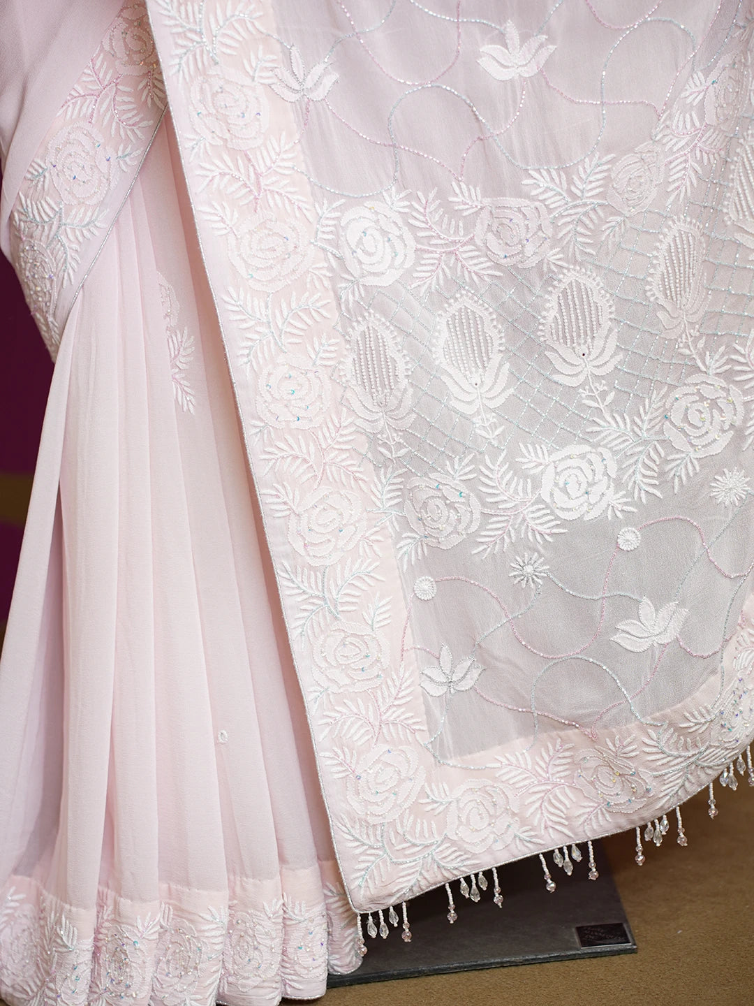 Ada Hand Embroidered Fairy Tale Pink Pure Georgette Lucknowi Chikankari Saree/Blouse With Cutdana Work 01A252342