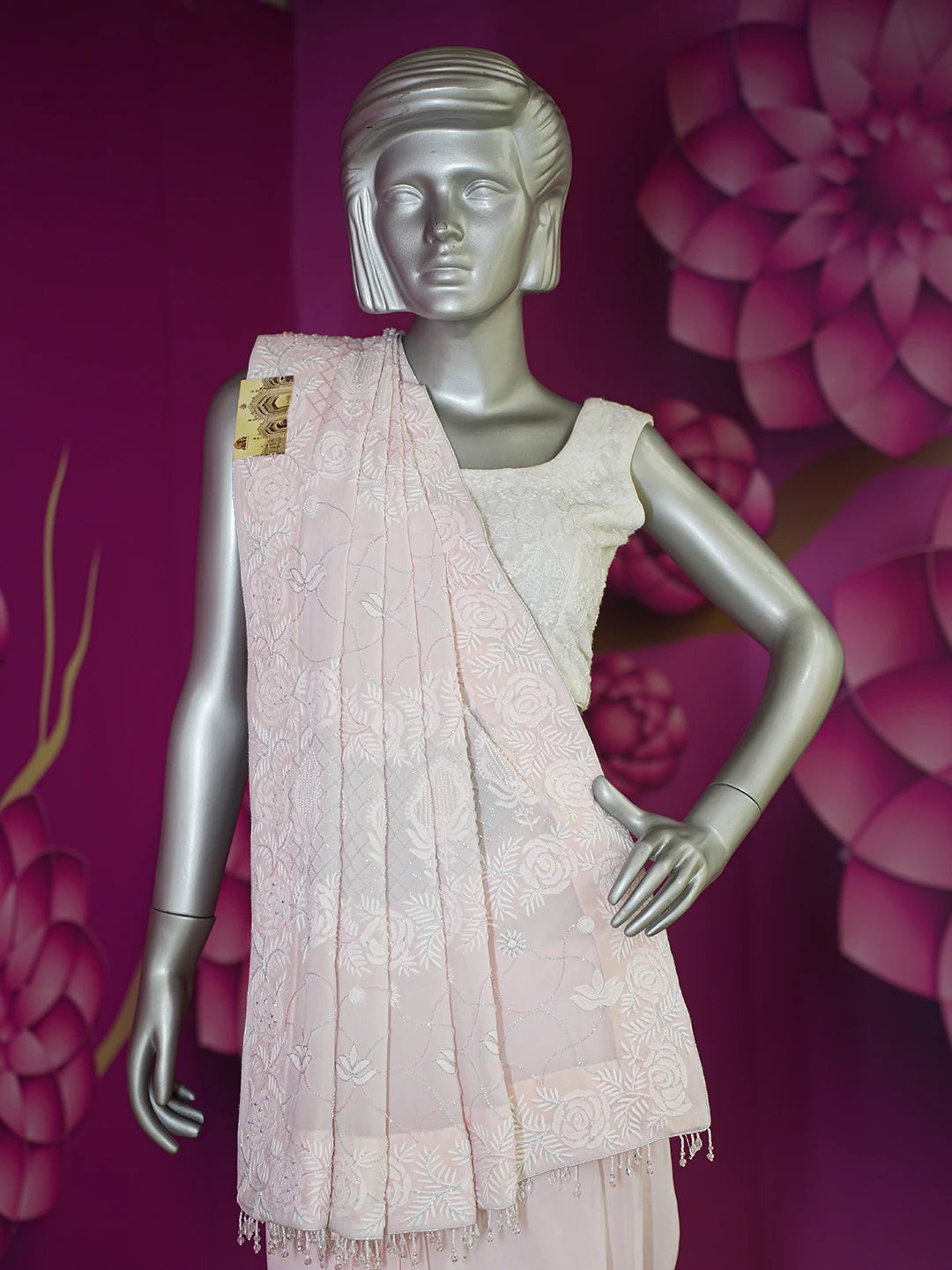Ada Hand Embroidered Fairy Tale Pink Pure Georgette Lucknowi Chikankari Saree/Blouse With Cutdana Work 01A252342